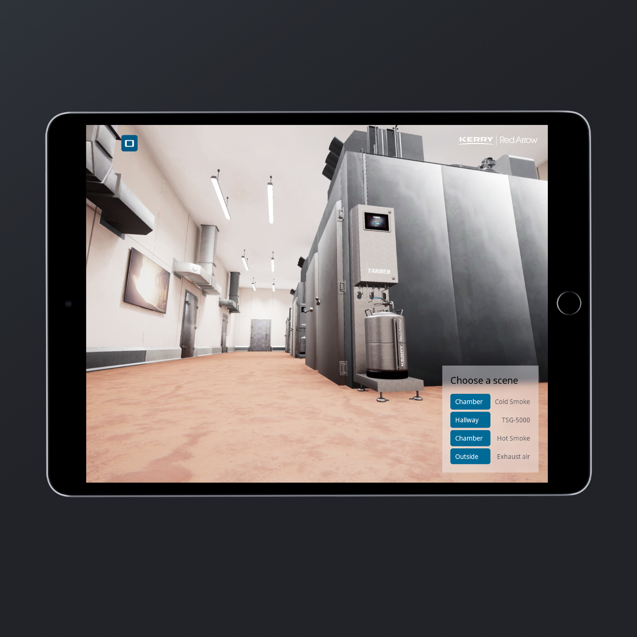 iPad with visualization of a hall containing smoke chambers and TSG-5000s