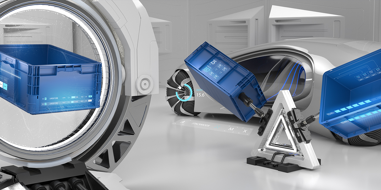 SLC Behälter vor futuristischem Auto